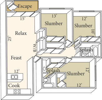 Floor plan for 3 beds, 2 baths, 1250 sqft